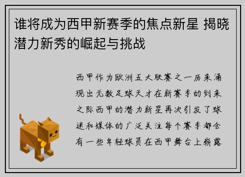 谁将成为西甲新赛季的焦点新星 揭晓潜力新秀的崛起与挑战