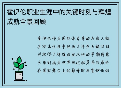 霍伊伦职业生涯中的关键时刻与辉煌成就全景回顾